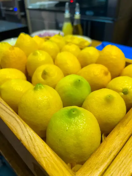 Beautiful Washed Lemons Lie Neatly Wooden Box Next Boxes Other — Stock Photo, Image