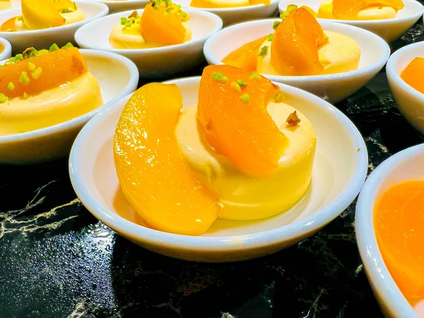 Yellow Pudding Semifreddo Mousse Panna Cotta Garnished Apricot Slices Pistachios — Stock Photo, Image