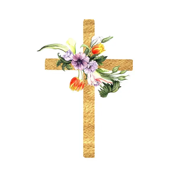 Watercolor illustration Easter Cross with flowers. Ideal for cards, prints, sovereign and printed products.