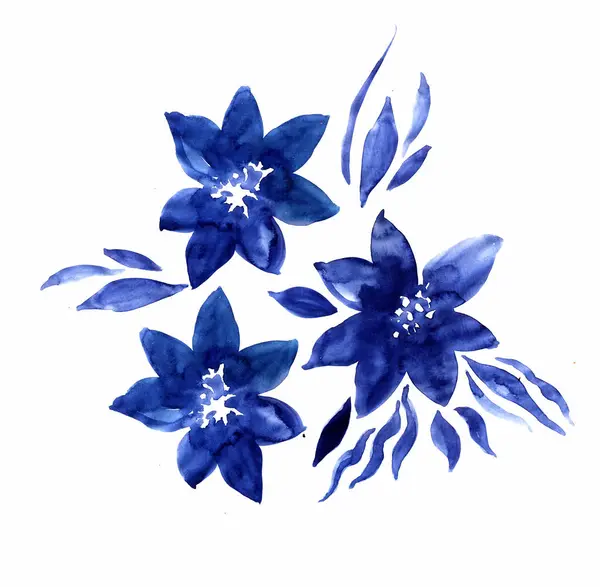 Akvarell Illustration Med Blå Vackra Blommor Vit Bakgrund — Stockfoto