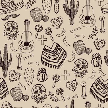 Meksikalı el çizimi kalıplar. Vektör çizimi. Manüel grafikler. Çeşitli yüzeyleri süslemek için kusursuz bir süs. Suluboya elementleri.
