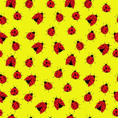 Uğur böcekleri ile parlak kusursuz. Vektör çizimi. Manüel grafikler. Çeşitli yüzeyleri süslemek için kusursuz bir süs. Suluboya elementleri.