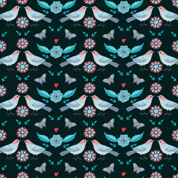 Folkloristische Blumenmuster Mit Vögeln Und Schmetterlingen Vektorillustration Manuelle Grafiken Nahtloser — Stockvektor