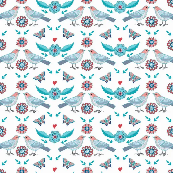 Folk Floral Sin Costuras Con Pájaros Mariposas Ilustración Vectorial Gráficos — Archivo Imágenes Vectoriales