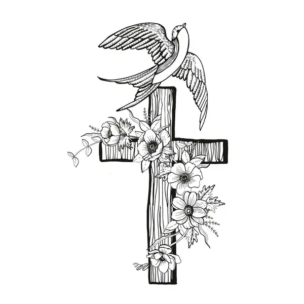 Vintage Spring Flowers Bird Cross Vector Illustration Manual Graphics — Stock Vector