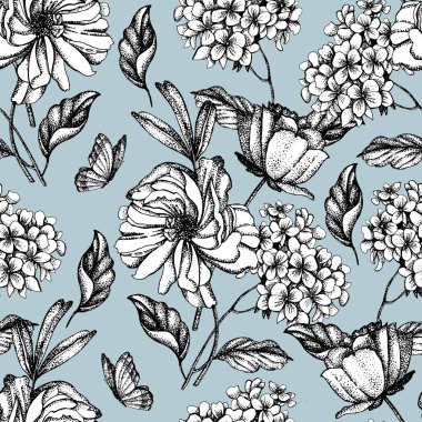 Klasik el yapımı bahçe çiçekleri. Desen kusursuz..