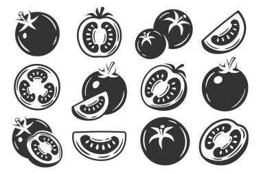 Tomatoes collection isolated on white background. Silhouette black tomatoes. Vector illustration