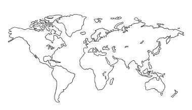 Beyaz arkaplanda izole edilmiş dünya haritası silueti. Vektör illüstrasyonu