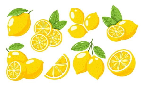 Conjunto Limones Amarillos Aislados Sobre Fondo Blanco Estilo Dibujos Animados — Vector de stock