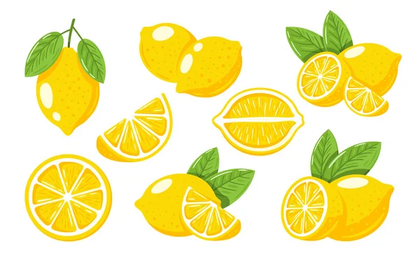 Conjunto Limones Amarillos Aislados Sobre Fondo Blanco Estilo Dibujos Animados — Vector de stock