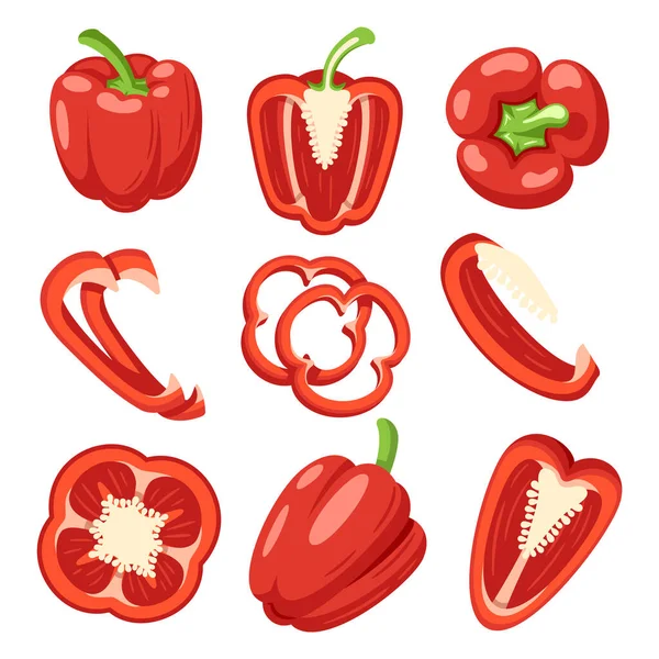 Sweet Red Bell Peppers Set Isolated White Background Bell Peppers — Stock Vector