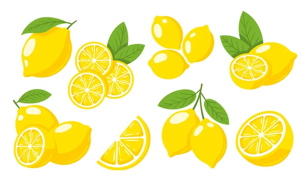 Conjunto Limones Amarillos Aislados Sobre Fondo Blanco Estilo Plano Ilustración — Vector de stock