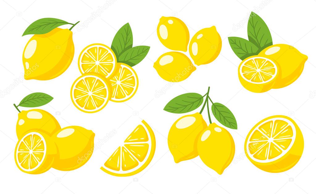 Set of yellow lemons isolated on white background. Flat style. Vector illustration