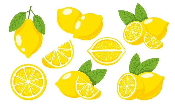 Set Limoni Gialli Isolati Fondo Bianco Stile Piatto Illustrazione Vettoriale — Vettoriale Stock
