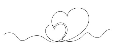 Kalp karalaması. Beyaz arka planda izole edilmiş kalpleri çizen kesintisiz bir çizgi. Vektör illüstrasyonu