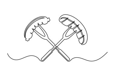 Beyaz arka planda sürekli olarak bbq sosisi ve biftek çiziyor. Mangal konsepti. Vektör illüstrasyonu