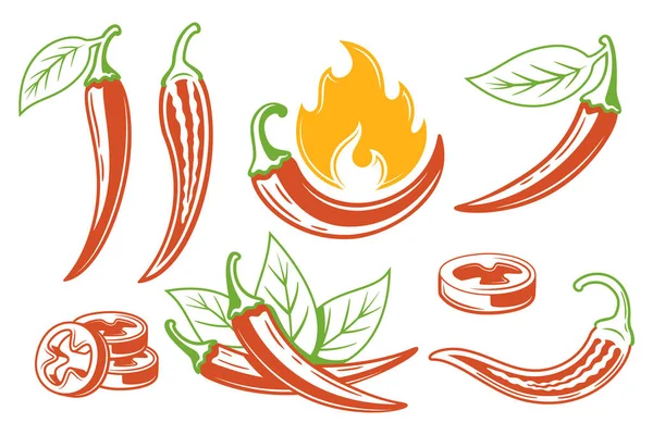 Röda Chili Paprika Ikoner Som Isolerad Vit Bakgrund Vektorillustration — Stock vektor