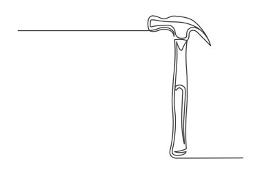 Kesintisiz tek çizgi çekiç. Beyaz arka planda izole edilmiş klasik çekiç. Marangozluk konsepti. Vektör illüstrasyonu