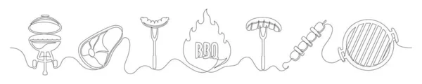 Set Continuous One Line Bbq Grill Elements Vintage Bbq Grill — Stock Vector