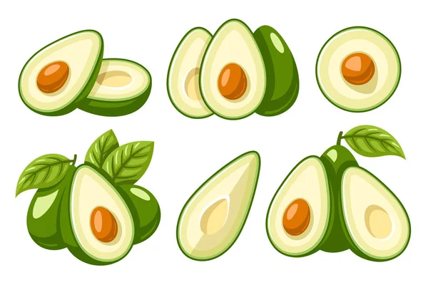 Ein Set Frischer Avocado Symbole Isoliert Auf Weißem Hintergrund Vektorillustration — Stockvektor