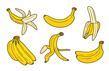 Beyaz arka planda izole edilmiş sarı muz seti. Çizgi film tarzı. Vektör illüstrasyonu