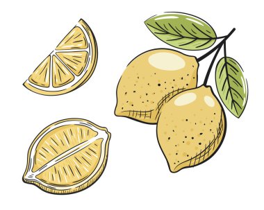 Beyaz arka planda izole edilmiş sarı limon seti. Çizgi film tarzında klasik limon ikonu. Vektör illüstrasyonu