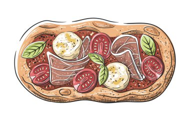 Pinsa with prosciutto, tomato and mozzarella isolated on white background. Pizza icon in vintage cartoon style. Vector illustration