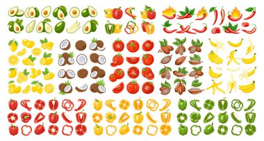 Sebze ve meyve ikonları beyaz arka planda izole edildi. Çizgi film tarzı. Vektör illüstrasyonu