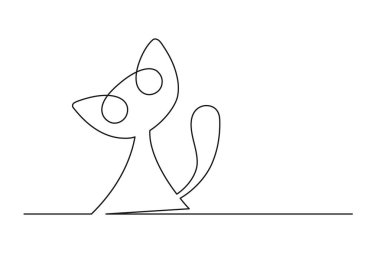 Beyaz arka planda izole bir kedi çizimi devam ediyor. Modern stil ince çizgide oturan stilize kedi. Vektör illüstrasyonu