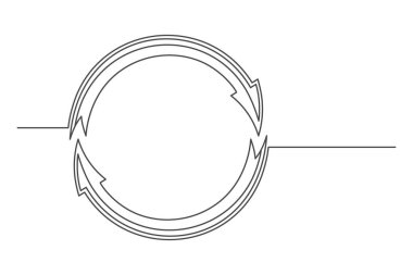 Yuvarlak bir okun sürekli çizimleri. Sigorta konsepti. Beyaz arkaplanda izole edilmiş ok sembolü. Vektör illüstrasyonu