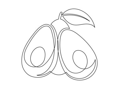 Beyaz arka planda yaprak izole edilmiş çizgi avokadosu. Basit bir meyve silueti. Avokado hatlarıyla çizilmiş. Vektör illüstrasyonu