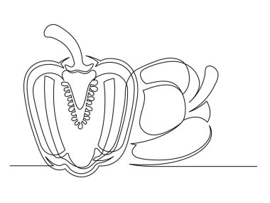Kesilmiş dolmalık biberin beyaz arka planda izole edilmiş hali. Basit bir sebze silueti. El çizimi dolma biber taslağı. Vektör illüstrasyonu