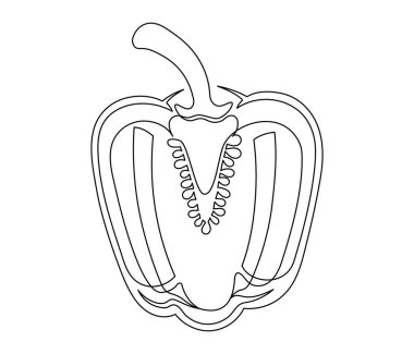 Dilimlenmiş dolmalık biber hattı beyaz arka planda izole edilmiş. Basit bir sebze silueti. El çizimi dolma biber taslağı. Vektör illüstrasyonu