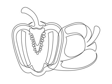 Dilimlenmiş dolmalık biber hattı beyaz arka planda izole edilmiş. Basit bir sebze silueti. El çizimi dolma biber taslağı. Vektör illüstrasyonu