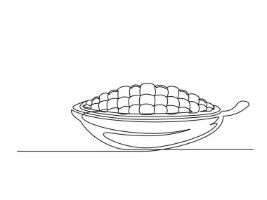 Beyaz arka planda izole edilmiş sürekli bir kakao fasulyesi bitkisi. Basit sebze silueti. El çizimi kakao fasulyesi ana hatları. Vektör illüstrasyonu