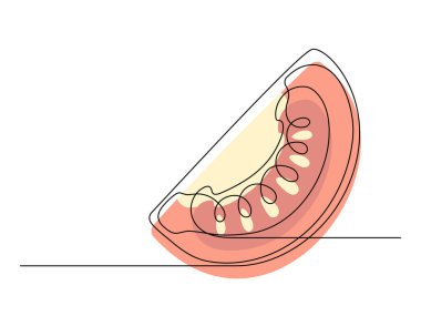 Beyaz arka planda sürekli kırmızı domates dilimi. Basit sebze silueti. El çizimi domates çizimi. Vektör illüstrasyonu