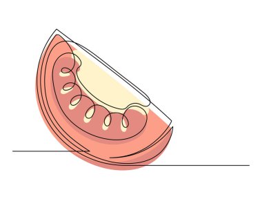 Beyaz arka planda sürekli kırmızı domates dilimi. Basit sebze silueti. El çizimi domates çizimi. Vektör illüstrasyonu