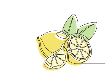 Tek çizgi halinde devam eder ve sarı limonları yarıya indirir ve beyaz arka planda yaprak izole edilir. Basit bir turunçgil silueti. Elle çizilmiş limon çizgisi. Vektör illüstrasyonu