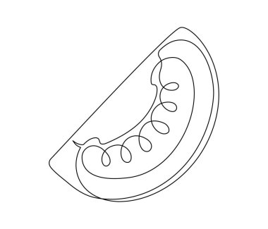 Beyaz arka planda izole edilmiş domates dilimi hattı. Basit sebze silueti. El çizimi domates çizimi. Vektör illüstrasyonu
