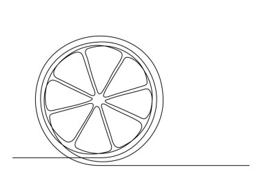 Beyaz arka planda sürekli bir çizgi halinde limon yarıları izole edilmiş. Basit bir turunçgil silueti. Elle çizilmiş limon çizgisi. Vektör illüstrasyonu