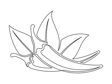 Beyaz arka planda yapraklı kırmızı biberler. Basit sebze silueti. El çizimi kırmızı biber ana hatları. Vektör illüstrasyonu