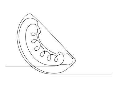 Beyaz arka planda izole edilmiş sürekli bir domates dilimi. Basit sebze silueti. El çizimi domates çizimi. Vektör illüstrasyonu