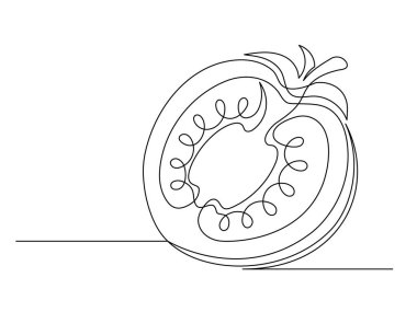 Tek çizgi halinde domates yarımları beyaz arka planda izole edilmiş. Basit sebze silueti. El çizimi domates çizimi. Vektör illüstrasyonu