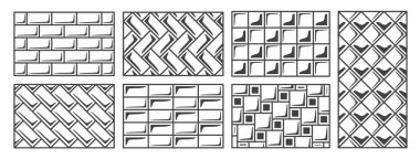 Döşeme kiremitleri ana simge seti beyaz arkaplanda izole edildi. Basit şekilli duvar kiremit desenleri topluyor. Vektör illüstrasyonu