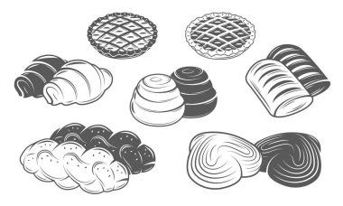 Fırın hamur işi seti beyaz arka planda izole edilmiş. Klasik elmalı turtalar. Taslak çörekler ve kruvasanlar. El yapımı pişirme elementleri. Vektör illüstrasyonu