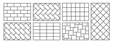 Döşeme kiremitleri ana simge seti beyaz arkaplanda izole edildi. Koleksiyonlar duvar kiremit deseni basit şekil. Vektör illüstrasyonu
