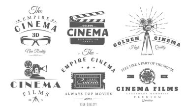 Sinema logo vintage seti beyaz arka planda izole edildi. Tasarım elemanı etiketli film, kamera, makara, bilet, şerit, klasör. Sinema amblemi şablonları. Vektör illüstrasyonu