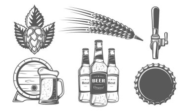 Bira simgesi beyaz arkaplanda izole edildi. Bira fabrikası logosu tasarımı. Etiketlerden bira elementleri: tap, buğday, şişe, bardak, fıçı. Vektör illüstrasyonu