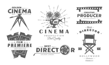 Sinema logo vintage seti beyaz arka planda izole edildi. Tasarım elemanı etiketli film, kamera, makara, striptiz, yönetmen koltuğu. Sinema amblemi şablonları. Vektör illüstrasyonu
