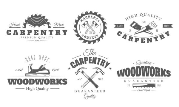 Carpentry logo set isolated on white background.  Carpenter work tool elements: wood, blade, saw, hammer, axe for vintage label design. Vector illustration